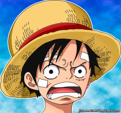 Rule 34 | &gt;:d, 1girl, :d, artist request, bandaid, bandaid on cheek, bandaid on face, bandaid on forehead, black eyes, black hair, deviantart username, hat, highres, jecamage, male focus, monkey d. luffy, one piece, open mouth, portrait, smile, solo, straw hat, v-shaped eyebrows