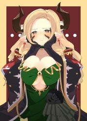 Rule 34 | 1girl, black gloves, blonde hair, blush, breasts, brown eyes, draph, dress, drill hair, earrings, gloves, granblue fantasy, hands on own face, horns, jewelry, large breasts, maria theresa (granblue fantasy), naoya come, pointy ears, solo, wide sleeves