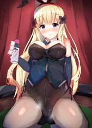Rule 34 | 1girl, animal ears, arm behind back, blonde hair, blue eyes, blunt bangs, bow, breasts, embarrassed, fake animal ears, hair bow, highres, hozmi3, leotard, long hair, looking at viewer, pantyhose, playboy bunny, pointy ears, princess connect!, rabbit ears, saren (princess connect!), solo