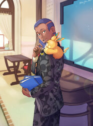 Rule 34 | 1boy, :d, classroom, commentary request, creatures (company), curtains, dark-skinned male, dark skin, desk, facial hair, game freak, goatee, hand up, highres, indoors, jacket, long sleeves, male focus, nintendo, on shoulder, open mouth, pants, pawmi, pokemon, pokemon (creature), pokemon on shoulder, pokemon sv, salvatore (pokemon), sanyou, short hair, smile, standing, teeth, tongue, window