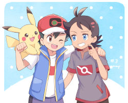 Rule 34 | 2boys, :3, ;d, arm around shoulder, ash ketchum, bad id, bad pixiv id, baseball cap, black hair, black shirt, blouse, blue background, blue eyes, blue jacket, blue shorts, brown eyes, commentary request, creatures (company), dark-skinned male, dark skin, episode number, game freak, gen 1 pokemon, goh (pokemon), grey shirt, grin, hat, highres, jacket, looking at another, male focus, mei (maysroom), multiple boys, nintendo, on shoulder, one eye closed, open mouth, pikachu, pokemon, pokemon (anime), pokemon (creature), pokemon on shoulder, pokemon journeys, polka dot, polka dot background, red headwear, shirt, shorts, signature, smile, standing, white shirt