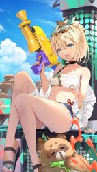 Rule 34 | 1girl, :d, aqua eyes, bare legs, bare shoulders, bikini, bikini under clothes, black footwear, blonde hair, blue sky, breasts, chest sarashi, cloud, collarbone, cowengium, day, eyewear on head, hairband, highres, holding, holding water gun, hololive, kazama iroha, long sleeves, looking at viewer, off shoulder, open mouth, outdoors, pokobee, ponytail, sandals, sarashi, see-through, short shorts, shorts, sitting, sky, small breasts, smile, solo, stomach, swimsuit, virtual youtuber, water gun