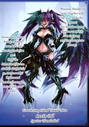 Rule 34 | 1girl, belt, bird legs, blush, breasts, cleavage, cleavage cutout, clothing cutout, collar, facial tattoo, feathered wings, feathers, green hair, harpy, highres, jacket, kenkou cross, large breasts, leather, leather belt, leather jacket, levin dil, looking at viewer, midriff, monster girl, monster girl encyclopedia, monster girl encyclopedia world guide side iii: court alf-divas of the city of water, multicolored hair, official art, open clothes, open jacket, open mouth, purple eyes, purple hair, revealing clothes, smile, tail, talons, tattoo, text focus, thunderbird (monster girl encyclopedia), tongue, tongue out, translated, two-tone hair, winged arms, wings