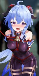 Rule 34 | 1girl, ahoge, arms behind back, bare shoulders, bdsm, bell, blue hair, blush, bodystocking, bodysuit, bondage, bound, bound arms, bound wrists, breast bondage, breasts, covered erect nipples, cowbell, crying, crying with eyes open, detached sleeves, ganyu (genshin impact), genshin impact, goat horns, gold trim, hair between eyes, highres, horns, leash, leash pull, long hair, looking at viewer, low ponytail, medium breasts, neck bell, open mouth, pantyhose, purple eyes, red rope, restrained, rope, shibari, shibari over clothes, sidelocks, skin tight, solo, tears, thicket ryn, thighlet, viewer holding leash, walking, white sleeves