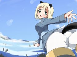 Rule 34 | 1girl, animal ears, ass, blonde hair, blush, elma leivonen, extra ears, flying, from behind, green eyes, highres, lens flare, looking back, military, military uniform, open mouth, pantyhose, reaching, short hair, snow, solo, strike witches, strike witches: suomus misfits squadron, striker unit, tail, uniform, white pantyhose, world witches series, yumekaranigeruna