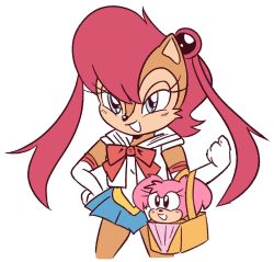 Rule 34 | 2girls, amy rose, animal ears, animal nose, bag, bishoujo senshi sailor moon, blouse, blue eyes, blue skirt, blush, bow, bowtie, chibi usa, chibi usa (cosplay), clenched hands, cosplay, cowboy shot, cropped legs, elbow gloves, female focus, flat chest, flat color, furry, furry female, gloves, grin, hair ornament, hand on own hip, hand up, happy, highres, holding, holding bag, in bag, in container, legs apart, light blush, long hair, miniskirt, multiple girls, pleated skirt, red bow, red bowtie, red hair, sailor collar, sally acorn, shirt, simple background, sketch, skirt, sleeveless, sleeveless shirt, smile, snout, sonic (series), standing, stellarspin, teeth, tsukino usagi, tsukino usagi (cosplay), twintails, white background, white gloves, white sailor collar, white shirt