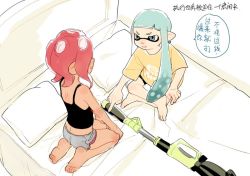 Rule 34 | 2girls, barefoot, bed, blanket, blue hair, dyx (asdiandyx), hero charger (splatoon), inkling, inkling girl, inkling player character, multiple girls, nintendo, octoling, octoling girl, octoling player character, pink hair, pointy ears, shirt, short shorts, shorts, splatoon (series), splatoon 2, takozonesu, tank top, translation request