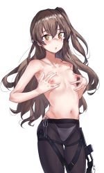 Rule 34 | 1girl, absurdres, aningay, bad id, bad twitter id, black pantyhose, breast conscious, breasts, bright pupils, brown eyes, brown hair, commentary request, cowboy shot, girls&#039; frontline, hair between eyes, hands on own chest, highleg, highleg panties, highres, long hair, looking at viewer, nipples, one side up, panties, panties under pantyhose, pantyhose, parted lips, scar, scar across eye, scar on face, side-tie panties, simple background, skindentation, small breasts, solo, string panties, tears, thigh strap, topless, ump45 (girls&#039; frontline), underwear, underwear only, white background, white panties