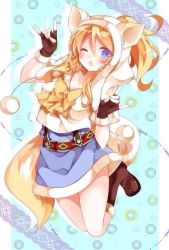 Rule 34 | 1girl, :o, animal ears, animal hood, artist request, ayase eli, bare legs, blonde hair, blue dress, blue eyes, blue skirt, blush, boots, bow, bowtie, brown footwear, brown gloves, dress, fake animal ears, female focus, fingerless gloves, fox ears, fox tail, full body, fur-trimmed skirt, fur-trimmed sweater, fur trim, gloves, hair between eyes, hood, hood up, jumping, long hair, looking at viewer, love live!, love live! school idol festival, love live! school idol project, mogu (au1127), one eye closed, parted lips, ponytail, short dress, skirt, smile, solo, sweater, tail, white sweater, yellow bow