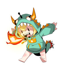 Rule 34 | 1girl, :d, amano pikamee, barefoot, belt, blonde hair, breath weapon, breathing fire, chibi, collar, commentary, dinosaur hood, drawstring, english commentary, fire, full body, hjjeon02, hood, hood up, hoodie, leaning forward, long sleeves, open mouth, outstretched arms, red belt, simple background, sleeves past wrists, smile, solo, spiked collar, spikes, spread arms, upper body, virtual youtuber, voms, white background, | |