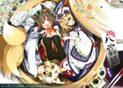 Rule 34 | 3girls, animal ears, blonde hair, blush, bow, bowl, brown eyes, brown hair, cat ears, cat girl, cat tail, chen, dress, female focus, floral print, fox tail, hat, hat ribbon, hat with ears, hugging own legs, in bowl, in container, long hair, looking at viewer, mini person, minigirl, multiple girls, multiple tails, nekomata, open mouth, purple eyes, red dress, ribbon, rondo umigame, sign, smile, tabard, tail, touhou, white dress, wide sleeves, yakumo ran, yakumo yukari, yellow eyes, yin yang