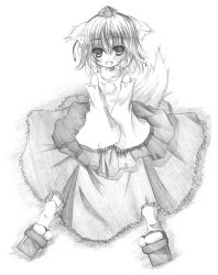 Rule 34 | 1girl, aged down, animal ears, bare shoulders, detached sleeves, female focus, flat chest, geta, greyscale, hat, inubashiri momiji, kurona, long skirt, monochrome, open mouth, short hair, sitting, sketch, skirt, solo, tabi, tail, tokin hat, touhou, v arms, wolf ears, wolf tail