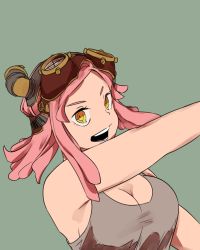 Rule 34 | 10s, 1girl, armpits, arms up, artist request, bad id, bad pixiv id, bare shoulders, boku no hero academia, breasts, cleavage, crosshair eyes, goggles, goggles on head, grey background, hatsume mei, long hair, looking at viewer, looking to the side, medium breasts, no bra, open mouth, pink hair, sideboob, simple background, solo, symbol-shaped pupils, tank top, upper body, yellow eyes