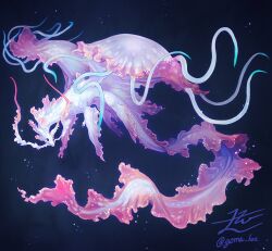 Rule 34 | air bubble, animal focus, blue background, bubble, chimera, commentary, dragon, english commentary, frills, full body, fusion, highres, jellyfish, light particles, looking away, no humans, original, pink theme, pink wings, solo, submerged, tentacles, twitter username, wings, yamamura le