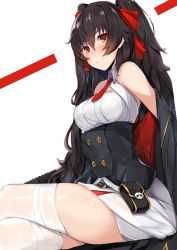 Rule 34 | 1girl, black hair, black jacket, blush, breasts, brown eyes, brown hair, buttons, cleavage cutout, closed mouth, clothing cutout, collared shirt, commentary request, corset, crossed legs, double-breasted, girls&#039; frontline, gloves, hair between eyes, hair ribbon, jacket, long hair, looking at viewer, medium breasts, nanakaku, necktie, off shoulder, pleated skirt, red necktie, red ribbon, ribbon, shirt, sidelocks, simple background, sitting, skirt, sleeveless, sleeveless shirt, smile, solo, thighhighs, thighs, twintails, type 97 (girls&#039; frontline), underbust, very long hair, white background, white shirt, white thighhighs