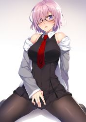 Rule 34 | 1girl, black-framed eyewear, black dress, black pantyhose, blush, breasts, covered navel, dress, fate/grand order, fate (series), glasses, hair over one eye, jacket, large breasts, light purple hair, long sleeves, looking at viewer, mash kyrielight, necktie, off shoulder, open clothes, open jacket, pantyhose, parted lips, purple eyes, red necktie, revision, short hair, sitting, solo, wariza, yanagi (tsukiakari)