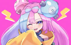 Rule 34 | 1girl, ;d, awaomi, blush, bow-shaped hair, character hair ornament, commentary request, creatures (company), game freak, hair ornament, hand up, iono (pokemon), jacket, lightning bolt symbol, looking at viewer, multicolored hair, nintendo, one eye closed, open mouth, pink background, pink hair, pokemon, pokemon sv, purple eyes, sharp teeth, smile, solo, teeth, tongue, two-tone hair, upper body, upper teeth only, yellow jacket