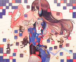 Rule 34 | 2girls, 5boys, abstract background, animal print, armor, ass, assault rifle, beard, black hair, block (object), blonde hair, bodysuit, bomber jacket, bow (weapon), breasts, brown eyes, brown hair, brown jacket, character name, chest harness, chibi, coat, copyright name, cyborg, d.va (overwatch), emblem, facepaint, facial hair, facial mark, firing, genji (overwatch), gloves, grenade launcher, gun, hand on own chest, hanzo (overwatch), harness, headphones, heart, helmet, high collar, highres, holding, holding gun, holding sword, holding weapon, hood, hooded jacket, jacket, japanese clothes, junkrat (overwatch), katana, lined paper, long hair, long sleeves, looking at another, mask, mechanical arms, multiple boys, multiple girls, norizc, overwatch, overwatch 1, pilot suit, pixel heart, ponytail, power armor, profile, rabbit print, reaper (overwatch), revision, ribbed bodysuit, rifle, short hair, shoulder pads, single mechanical arm, skin tight, small breasts, soldier: 76 (overwatch), solo focus, swept bangs, sword, tracer (overwatch), trench coat, upper body, visor, weapon, whisker markings, white gloves, white hair