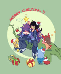 Rule 34 | 4boys, aged down, animal ears, apple, aqua hair, aqua hoodie, black hair, box, brown hair, candy, candy cane, cat boy, cat ears, cat tail, circle, fengxi (the legend of luoxiaohei), food, fruit, gift, gift box, green eyes, hat, highres, luo xiaohei, luo xiaohei (human), luo xiaohei zhanji, luozhu (the legend of luoxiaohei), merry christmas, multiple boys, pointy ears, purple hair, santa hat, shadow, star (symbol), suncle, tail, tianhu (the legend of luoxiaohei), xuhuai (the legend of luoxiaohei)