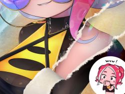 Rule 34 | 2girls, agent 8 (splatoon), bad id, bad twitter id, beach, black shirt, bracelet, breasts, chibi, chibi inset, close-up, commentary, covering own mouth, criss-cross halter, cropped shirt, day, english text, halterneck, jewelry, kashu (hizake), lens flare, long sleeves, medium breasts, medium hair, monster girl, multiple girls, nintendo, ocean, octoling, octoling girl, octoling player character, outdoors, own hands together, page tear, parted lips, red hair, revealing layer, sand, see-through, shirt, single sleeve, smile, splatoon (series), splatoon 2, splatoon 2: octo expansion, standing, suction cups, summer, sunglasses, symbol-only commentary, tentacle hair, upper body, wide-eyed