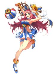 Rule 34 | 1girl, :d, armpits, arms up, ball, bare shoulders, beachball, blue hat, blue skirt, blunt bangs, bracelet, breasts, cleavage, clothing cutout, copyright request, flower, full body, hat, hat flower, jewelry, long hair, maruhana, medium breasts, official art, open mouth, pink hair, side cutout, skirt, smile, solo, standing, standing on one leg, striped clothes, striped skirt, sun hat, sunflower, thigh strap