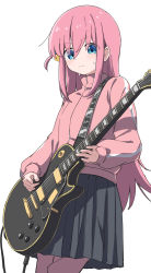 Rule 34 | 1girl, blue eyes, bocchi the rock!, cube hair ornament, electric guitar, gotoh hitori, guitar, hair between eyes, hair ornament, hair over eyes, highres, holding, holding instrument, instrument, jacket, jersey, long hair, music, namaonpa, pants, pants under skirt, pink hair, pink jacket, pink pants, pink track suit, playing instrument, plectrum, simple background, solo, track jacket