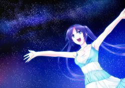 Rule 34 | 1girl, blue eyes, blue hair, breasts, kyougoku touya, long hair, matching hair/eyes, night, open mouth, original, outstretched arms, sky, smile, solo, star (sky), starry sky