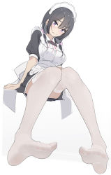Rule 34 | 1girl, black hair, foot focus, foreshortening, highres, invisible chair, maid, maid headdress, medium hair, no shoes, original, purple eyes, sitting, soles, solo, thighhighs, toes, twintails, unimon e, white background, white thighhighs