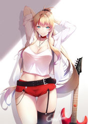 Rule 34 | 1girl, aqua eyes, arms behind head, arms up, bad id, bad pixiv id, belt, black thighhighs, blonde hair, breasts, brown belt, choker, cleavage, closed mouth, collared shirt, commentary, electric guitar, english commentary, gainoob, garter straps, guitar, high ponytail, highres, instrument, jewelry, large breasts, long hair, midriff, navel, necklace, open clothes, open shirt, original, plectrum, red choker, red shorts, shirt, short shorts, shorts, sidelocks, single thighhigh, smile, solo, standing, tank top, thighhighs, thighs, very long hair, white shirt, white tank top