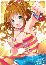 Rule 34 | + +, 1girl, :3, armpits, blue shorts, blush, bow, bracelet, breasts, brown hair, character name, cleavage, detached collar, dot nose, emphasis lines, green eyes, grid background, hair bow, hair ribbon, happy birthday, high ponytail, hino akane (idolmaster), idolmaster, idolmaster cinderella girls, idolmaster cinderella girls starlight stage, jewelry, long hair, looking at viewer, medium breasts, microphone, midriff peek, multicolored clothes, navel, open mouth, orange background, ponytail, reaching, reaching towards viewer, ribbon, shirt, shorts, smile, solo, striped clothes, striped ribbon, striped shirt, trente, v-shaped eyebrows, wristband