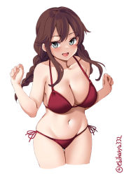 Rule 34 | 1girl, bikini, blue eyes, blush, braid, breasts, brown hair, cleavage, clenched hands, collarbone, cowboy shot, ebifurya, highres, kantai collection, large breasts, long hair, looking at viewer, midriff, navel, noshiro (kancolle), open mouth, red bikini, side-tie bikini bottom, simple background, smile, solo, stomach, swept bangs, swimsuit, twin braids, twitter username, white background