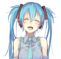 Rule 34 | 1girl, blush, closed eyes, facing viewer, hatsune miku, la-na, long hair, necktie, open mouth, simple background, smile, solo, vocaloid, white background