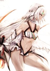Rule 34 | 10s, 1girl, altera (fate), bandeau, bare shoulders, blunt bangs, breasts, choker, collarbone, cowboy shot, dark-skinned female, dark skin, detached sleeves, fate/extella, fate/extra, fate/grand order, fate (series), from side, holding, holding sword, holding weapon, long sleeves, looking away, navel, nekoya (liu), parted lips, photon ray (fate), profile, red eyes, revealing clothes, short hair, silver hair, small breasts, solo, stomach, sword, thighs, veil, weapon