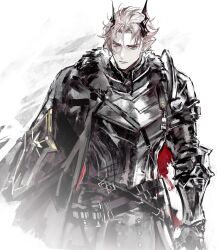 Rule 34 | 1boy, arknights, armor, black cape, breastplate, brown hair, cape, closed mouth, fur-trimmed cape, fur trim, gauntlets, highres, horns, looking at viewer, male focus, pointy ears, red eyes, remsrar, solo, standing, theresis (arknights), white background