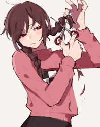 Rule 34 | 1girl, braid, brown skirt, checkered clothes, cutting hair, cutting own hair, expressionless, frown, hair between eyes, head tilt, highres, holding, holding hair, holding scissors, katochuu, leaning to the side, long hair, long sleeves, looking to the side, madotsuki, pink sweater, red eyes, scissors, severed hair, skirt, standing, sweater, tsurime, twin braids, yume nikki