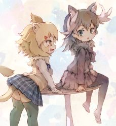 Rule 34 | 10s, 2girls, animal ears, antlers, aqua eyes, arm support, ass, black hair, black legwear, black skirt, blonde hair, blush, breasts, commentary, contemporary, dress shirt, eyelashes, fang, fur collar, hair ornament, hair tie, hairclip, highres, horns, kemono friends, kolshica, leaning on table, lion (kemono friends), lion ears, lion tail, long sleeves, looking at another, looking back, moose (kemono friends), moose ears, mouse tail, multicolored background, multicolored hair, multiple girls, on table, open mouth, pantyhose, plaid, plaid skirt, pleated skirt, round table, school uniform, shirt, sitting, sitting on table, skirt, small breasts, standing, sweater, sweater vest, table, tail, thighhighs, white hair, white shirt, yellow eyes, zettai ryouiki