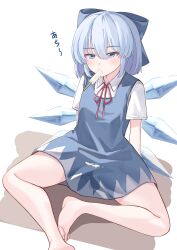 Rule 34 | 1girl, absurdres, barefoot, blue bow, blue dress, blue hair, blush, bow, cirno, collared shirt, commentary request, detached wings, dress, fairy, fairy wings, food, food in mouth, foot out of frame, hair bow, highres, hot, ice, ice wings, knees apart feet together, looking afar, mahoro (minase mahoro), medium hair, mouth hold, neck ribbon, popsicle, popsicle in mouth, red ribbon, ribbon, shirt, short hair, short sleeves, simple background, sitting, sleeveless, sleeveless dress, touhou, translated, white background, white shirt, wings