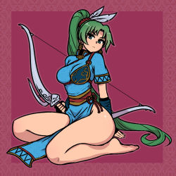 Rule 34 | 1girl, akairiot, arm behind back, arm warmers, armor, bare legs, barefoot, black gloves, blue dress, blush, bow (weapon), breastplate, breasts, closed mouth, dress, earrings, expressionless, feather hair ornament, feathers, fingerless gloves, fire emblem, fire emblem: the blazing blade, fire emblem heroes, full body, gloves, green eyes, green hair, hair ornament, holding, holding bow (weapon), holding weapon, jewelry, kneeling, loincloth, long hair, looking at viewer, lyn (fire emblem), medium breasts, nintendo, parted bangs, pelvic curtain, ponytail, red background, sash, short sleeves, simple background, solo, thighs, tsurime, very long hair, weapon, wide hips