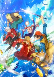 Rule 34 | 1girl, 3boys, angelo, brown hair, cape, dragon quest, dragon quest viii, dress, everyone, fire, gold, green eyes, hero (dq8), highres, jessica albert, long hair, magic, multiple boys, one eye closed, red eyes, red hair, shield, square enix, sword, twintails, water, weapon, yangus