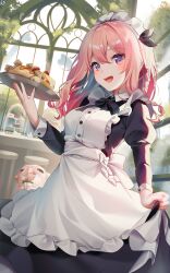 Rule 34 | 1girl, :d, apron, black bow, black dress, blue hair, bow, braid, cake, cake slice, collared dress, commentary request, dress, flower, food, fruit, hair flower, hair ornament, highres, holding, holding tray, indoors, juliet sleeves, long sleeves, maid, maid headdress, open mouth, original, pink hair, puffy sleeves, purple eyes, rimuu, skirt hold, smile, solo, strawberry, tiered tray, tray, white apron, white flower, window