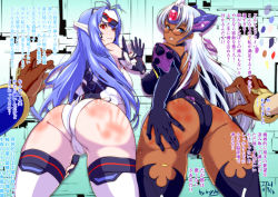 Rule 34 | 2girls, against wall, antenna hair, artist request, ass, blue eyes, blue hair, blush, breasts, cameltoe, cleft of venus, come hither, dark-skinned female, dark skin, deep skin, detached sleeves, elbow gloves, from behind, glasses, gloves, grin, headgear, huge ass, kos-mos, large breasts, leotard, long hair, looking at viewer, looking back, multiple girls, naughty face, parted lips, red ass, red eyes, rex (xenoblade), shiny skin, sideboob, silver hair, smile, spanked, t-elos, thick thighs, thighhighs, thighs, translation request, very long hair, xenoblade chronicles (series), xenoblade chronicles 2, xenosaga