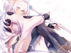 Rule 34 | 1girl, absurdres, ahoge, black gloves, bridal gauntlets, fate/grand order, fate (series), gloves, highres, knees to chest, looking at viewer, mage staff, merlin (fate/prototype), merlin (fate/prototype) (second ascension), moyumidori, painterly, pantyhose, solo, twitter username, white background, white hair