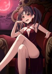 Rule 34 | 1girl, :d, bare arms, bare legs, blush, bow, breasts, brown eyes, brown hair, choker, cleavage, collarbone, criss-cross halter, crossed legs, dress, evening gown, fangs, hair bow, halterneck, highres, k3rd, long hair, moon, open mouth, red bow, red choker, red dress, red moon, shirai kuroko, short dress, sitting, sleeveless, sleeveless dress, small breasts, smile, solo, thighs, toaru majutsu no index, twintails