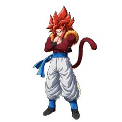 Rule 34 | 1boy, aura, black footwear, blue eyes, closed mouth, crossed arms, dragon ball, dragon ball fighterz, dragon ball gt, full body, fur, gogeta, highres, looking at viewer, male focus, metamoran vest, monkey tail, muscular, official art, pants, red hair, smile, solo, spiked hair, super saiyan, super saiyan 4, tail
