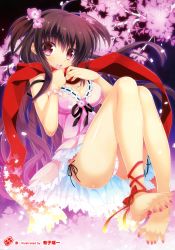 Rule 34 | 1girl, :o, absurdres, ariko youichi, bare legs, barefoot, breasts, brown hair, cherry blossoms, cleavage, dress, feet, flower, full body, hair flower, hair ornament, highres, knees up, nail polish, panties, pantyshot, pink eyes, pink panties, red scarf, scarf, sleeveless, sleeveless dress, solo, toenail polish, toenails, toes, two side up, underwear