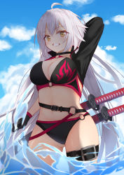 Rule 34 | 1girl, absurdres, ahoge, belt, bikini, black belt, black bikini, black gloves, blue sky, breasts, brown eyes, cleavage, cloud, cloudy sky, commentary request, day, fate/grand order, fate (series), gloves, grin, hair between eyes, highres, hikashou, jeanne d&#039;arc alter (swimsuit berserker) (fate), jeanne d&#039;arc (fate), jeanne d&#039;arc alter (fate), jeanne d&#039;arc alter (swimsuit berserker) (fate), katana, leg belt, long sleeves, looking at viewer, medium breasts, navel, o-ring, o-ring bikini, o-ring bottom, o-ring top, outdoors, sheath, sheathed, shrug (clothing), silver hair, sky, smile, solo, swimsuit, sword, wading, water, weapon
