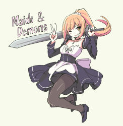Rule 34 | 1girl, ;p, apron, blonde hair, breasts, brown eyes, choker, copyright name, detached sleeves, full body, jewelry, maid, maids &amp; demons, necklace, one eye closed, over shoulder, pantyhose, pas (paxiti), ponytail, sash, scrunchie, sketch, small breasts, solo, sword, tongue, tongue out, v, waist apron, weapon, weapon over shoulder