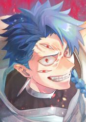 Rule 34 | 1boy, aged down, asymmetrical bangs, blue hair, braid, braided ponytail, closed mouth, cu chulainn (fate), earrings, extra eyes, fang, fate/grand order, fate/grand order arcade, fate (series), grin, high collar, highres, jewelry, long hair, male focus, ponytail, red eyes, setanta (fate), slit pupils, smile, solo, spiked hair, ur rakki