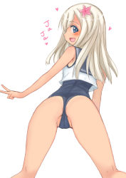 Rule 34 | 10s, 1girl, all fours, ass, blonde hair, blue eyes, flower, from behind, garyou, hair flower, hair ornament, heart, kantai collection, long hair, looking at viewer, looking back, one-piece swimsuit, partially visible vulva, ro-500 (kancolle), sailor collar, sailor shirt, school swimsuit, shirt, simple background, solo, spread legs, swimsuit, swimsuit under clothes, tan, tareme, thighs, v, white background