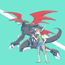 Rule 34 | blue background, claws, cyberdramon, cyborg, digimon, dragon, highres, mishima ryuji, simple background, tail, wings